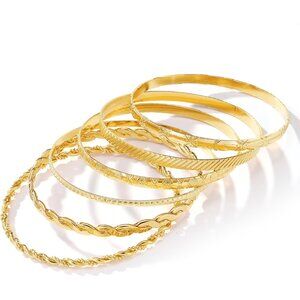 Trendy 14k Gold Plated Stackable Bangle Bracelets Set for Women - Adjustable Fit